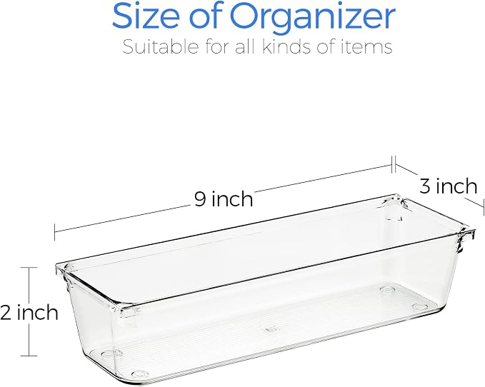 Ravinte 6 Pack Drawer Organizer, 3" x 9" Plastic Storage Bins | Acrylic Tray Design, Non-Slip Pads, For Makeup, Jewelry, Kitchen Utensils, Bathroom, Office Storage - Image 3
