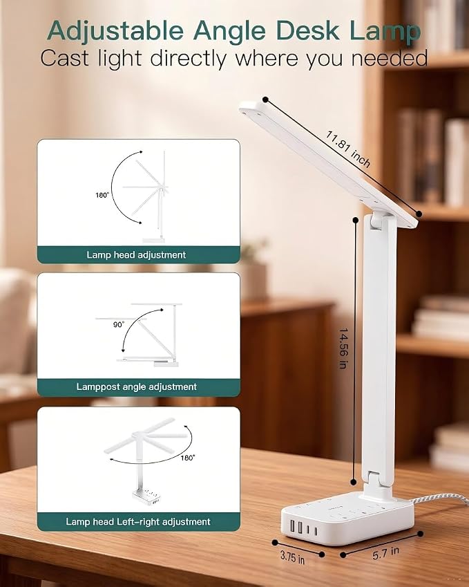 Addtam LED Desk Lamp, Power Strip with 3 Outlets 4 USB Charging Ports(2 USBC), 4 Modes 5 Level Brightness Touch Lamp, Small Desk Lamp for Home Office College Dorm Room Essentials, White - Image 4
