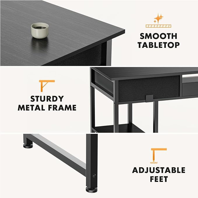 47 Inch Computer Desk with 2 Drawers, Home Office Desk with Wooden Shelves, Study Writing PC Table for Small Spaces, Bedroom, Dorm or Living Room, Black - Image 5