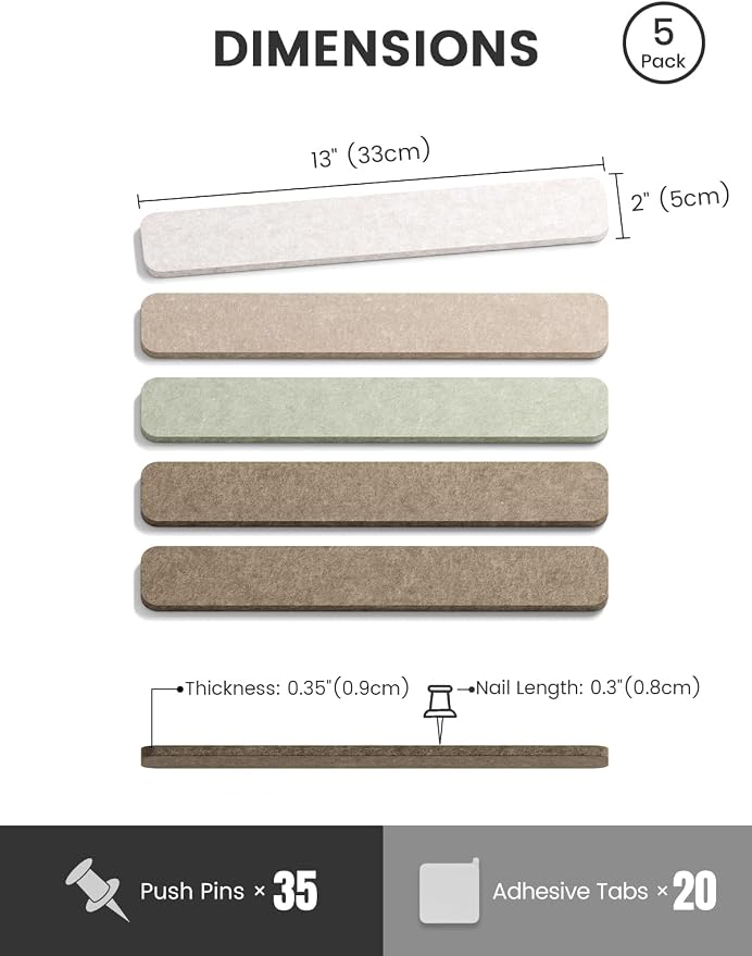 Fluxynara 13" x 2" Felt Wall Panels, Linen Dusk | 5-Pack Cork Board Alternative with 35 Push Pins, Adhesive Mounting for Bedroom Door or Home Office - Image 2