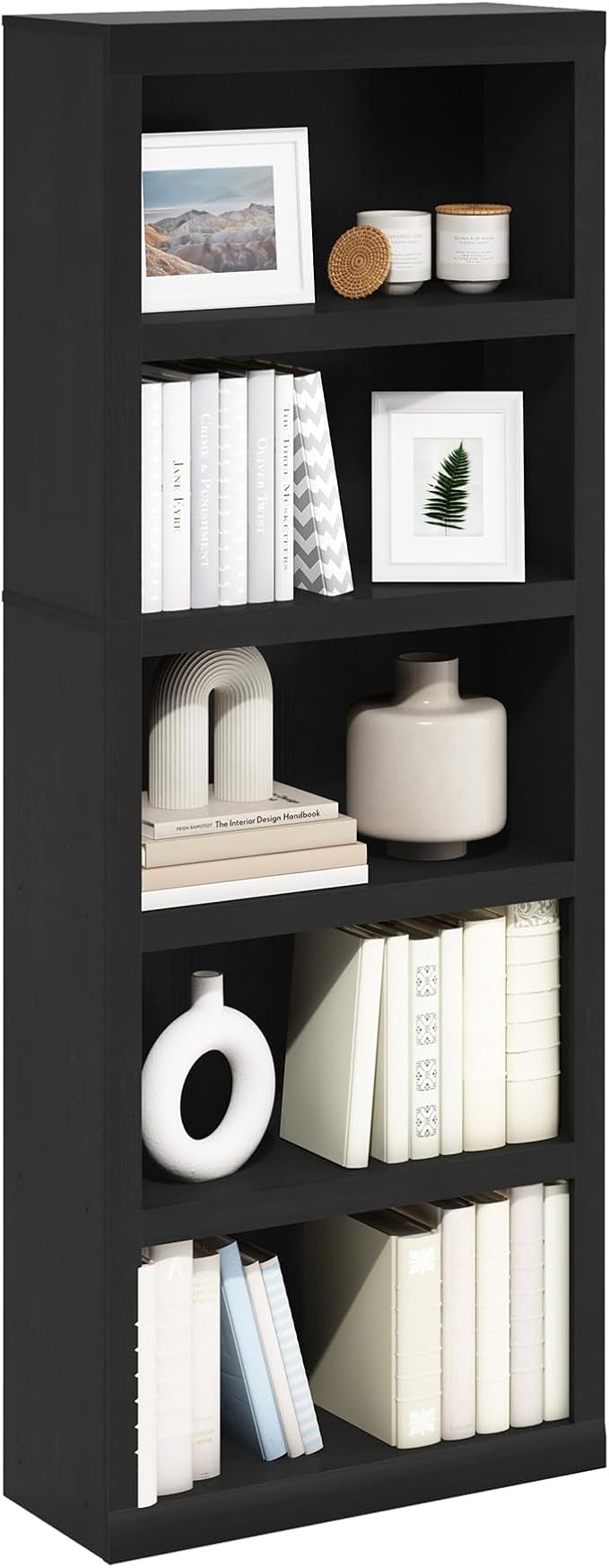 Furinno Rail Book Shelf, 5-Tier Bookshelf with Open Shelf, Bookcase with Classic Style Edges, 10 x 24.6 x 63.5, for Organization and Storage, for Living Room, Bedroom, Home Office, Blackwood by Furinno-FitsYourSpaceFitsYourBudget