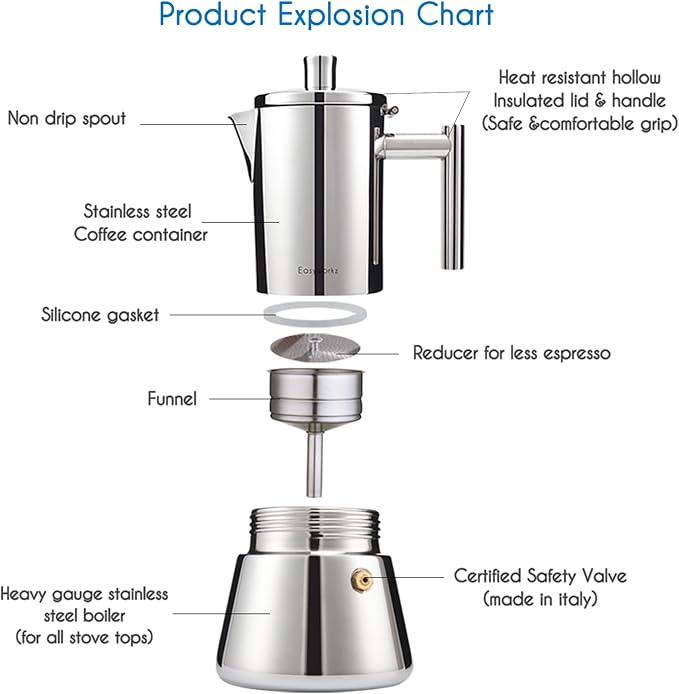 Easyworkz Diego Stovetop Espresso Maker Stainless Steel Italian Coffee Machine Maker 6Cup 10 oz Moka Pot Induction Espresso Pot - Image 3