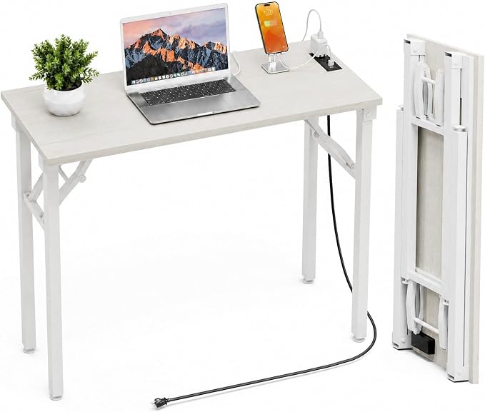 Folding Table Computer Desk - 35.8" No Assembly Folding Desk with Power Outlets & USB Charging Port, Small Desk, Foldable Office Desk, Compact Storage Portable Use for Small Space, White Ash by HMFOR