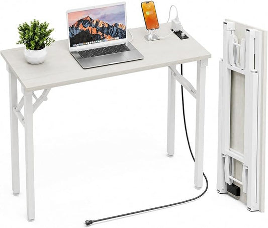 Folding Table Computer Desk - 35.8" No Assembly Folding Desk with Power Outlets & USB Charging Port, Small Desk, Foldable Office Desk, Compact Storage Portable Use for Small Space, White Ash by HMFOR