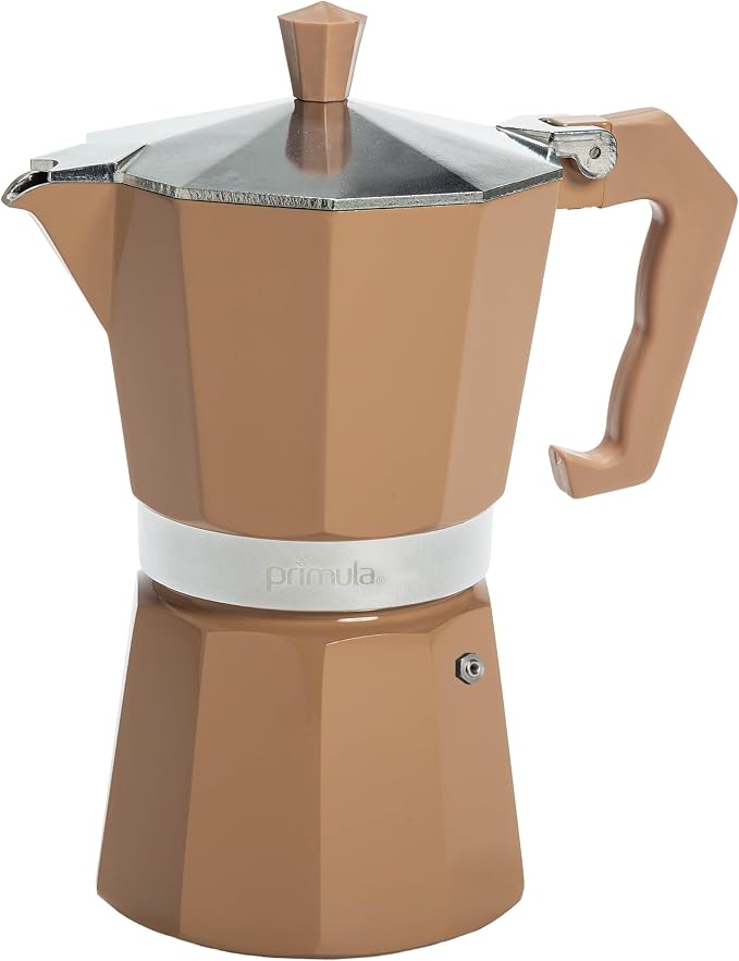Primula Classic Moka Pot Stovetop Espresso and Coffee Maker, Italian and Cuban Cafetera for Rich Espresso Brewing, Durable Aluminum Greca Coffee Maker with Easy Grip Handle, 6-Cup, Caramel by Primula