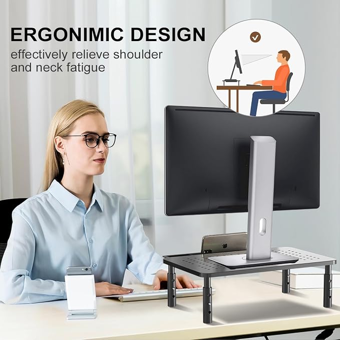 suptek Computer Monitor Stand Riser with Drawer,Monitor Riser for Laptop, Printer, Notebook and All Flat Screen TV Display with Vented Platform,3 Height Adjustable Laptop Riser,1 Pack,Black - Image 2