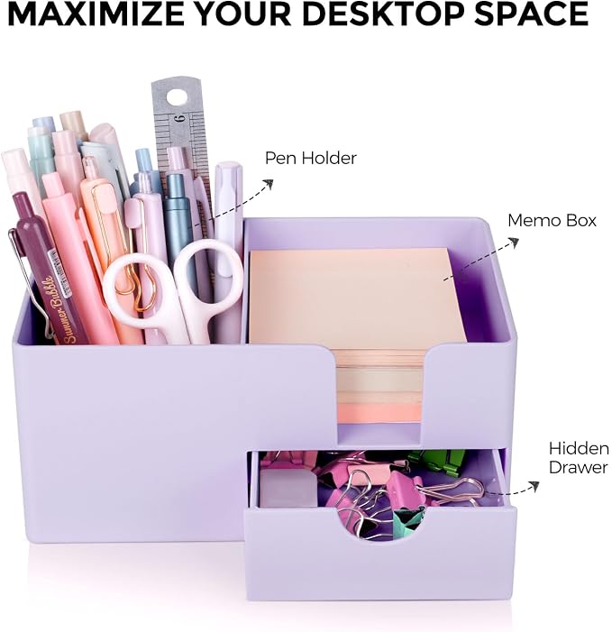 SKYDUE Small Desk Organizer with Drawer | 3 Compartments, Desk Pen Holder, For Home, School, Classroom & Office - Image 2