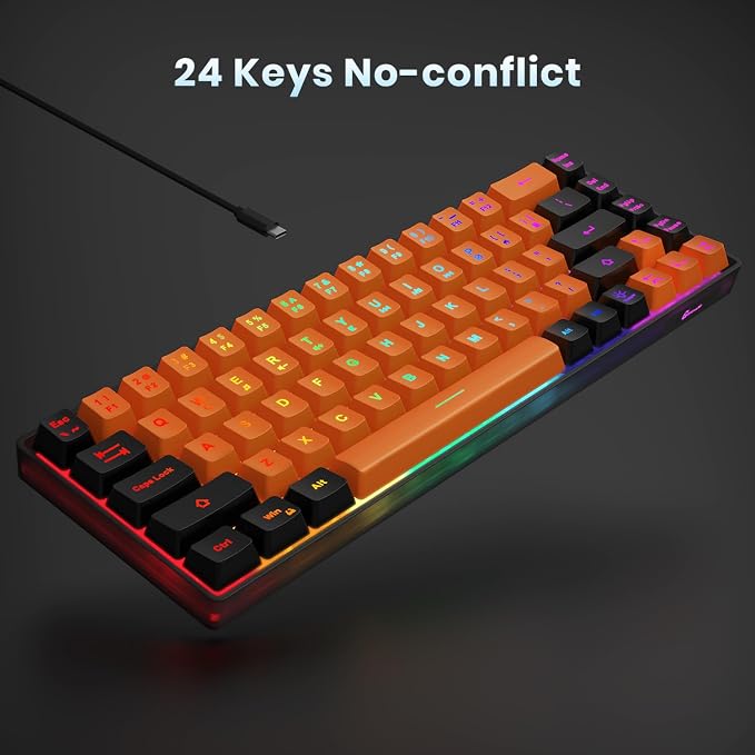 GEODMAER 65% Gaming Keyboard, LED Backlit Mini Wired Keyboard, Ultra-Compact Anti-Ghosting No-Conflict 68 Keys Membrane Gaming Wired Keyboard for PC Laptop Windows Gamer(Orange-Black) - Image 5