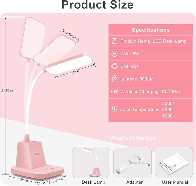 LED Desk Lamp with 10W Wireless Charging & Pen Holder, Pink | CRI 95, 800LM, Stepless Dimming, 3 Modes, 360°Flexible Arm, Touch, Study Table Lamp for Home Office, Dorm Room, with Adapter - Image 6