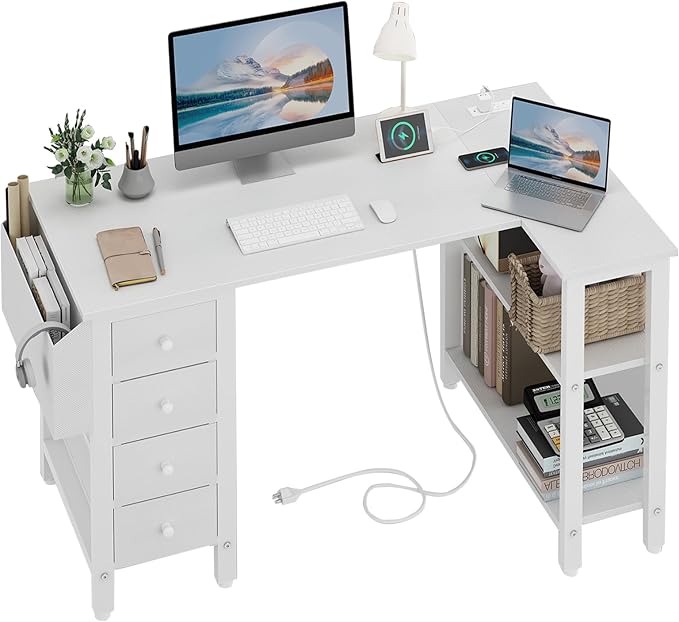 Lufeiya White L Shaped Computer Desk with Drawers & Storage Shelves, 47 Inch Corner Reversible Desk with Power Outlet for Home Office Bedroom, L-Shaped Teen PC Desks with Fabric Drawer, White by LUFEIYA
