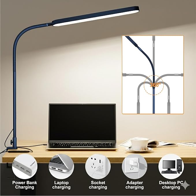 SKYLEO LED Desk Lamp - Desk Light for Home Office - Flexible Gooseneck - 5 Color Modes X 11 Brightness Levels - 1300LM - Timmer & Memory Function - 12W Clip on Light - Blue - Image 4