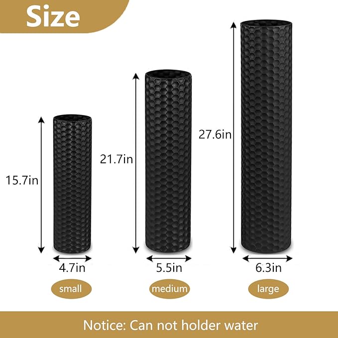 Black Tall Floor Vase - Set of 3 Extra Large Metal Decorative Vases for Living Room, 27.6" Long Modern Honeycomb Texture Big Cylinder Standing Corner Decor for Home Dining Bedroom Pampas Grass - Image 5