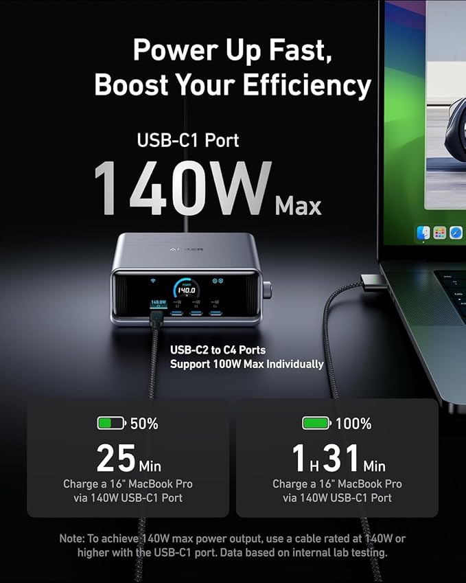 Anker Prime Charging Station, 250W 6-Port GaN USB C Charger, 2.26" LCD Smart Display Control, Compatible with iPhone, Galaxy, MacBook, Dell for Home Office, Gaming Desk Accessories - Image 4