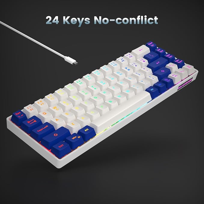 GEODMAER 65% Gaming Keyboard, LED Backlit Mini Wired Keyboard, Ultra-Compact Anti-Ghosting No-Conflict 68 Keys Membrane Gaming Wired Keyboard for PC Laptop Windows Gamer(White-Blue) - Image 5