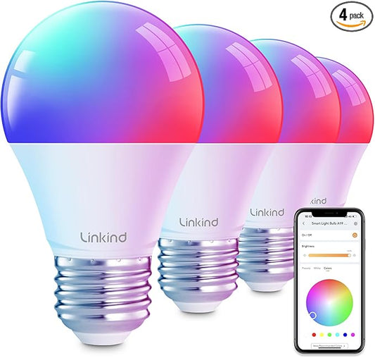 Linkind Smart Light Bulbs, Smart Bulb that Work with Alexa, Google Home, AiDot, LED Light Bulbs Color Changing RGBTW, 104 Preset Scene, Music Sync, Dotis, A19 E26 2.4G WiFi Bluetooth 60W 800LM, 4Pack by Linkind