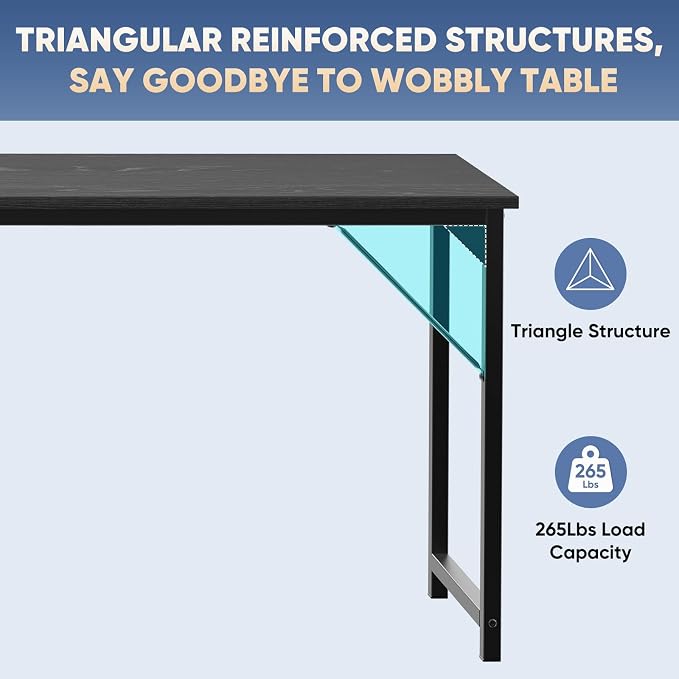 DUMOS 63 Inch Small Computer Desk, Gaming Desks for Home Office Bedroom | Modern Study Writing Work Table, Craft PC Desk Simple Workstation with Reinforcement Structure, Black - Image 5