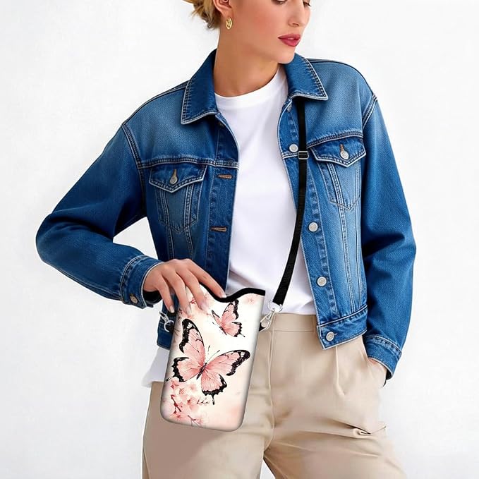 Pink Phone Sleeve with Adjustable Strap Neck Lanyard Fits Most Smartphones, Waterproof Phone Pouch Butterflies Flower Pattern Neoprene Nylon Phone Bag Carrying Case for Women 7.1 x 3.9 Inch - Image 6
