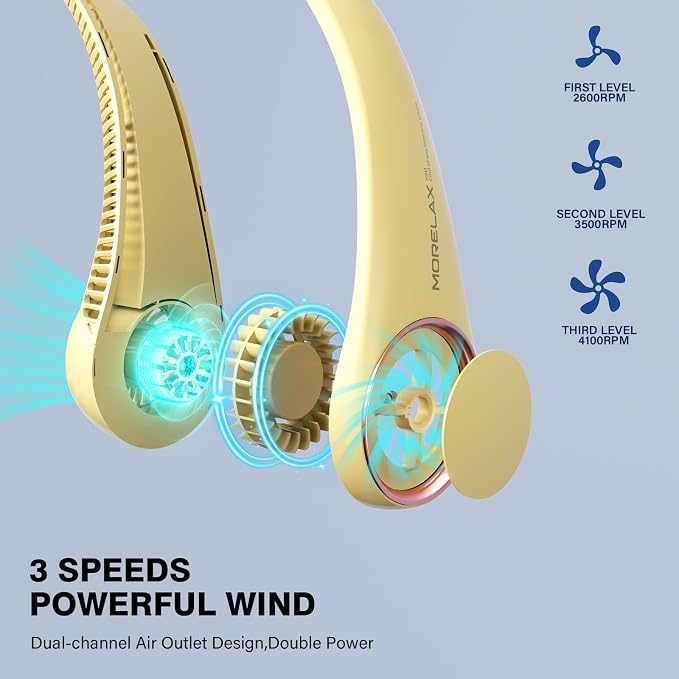 Morelax Neck Fan, USB Rechargeable Personal Fan,Hand Free Bladeless Portable Fans,4000 mAh, 3 Speeds,72 Air Faster softer 360° Cooling, Gift Suitable for Home, Office, Travel, Sports Amber - Image 3