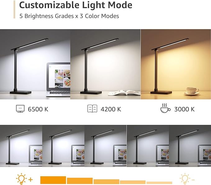 Lepro Desk Lamp with USB Charging Port for Home Office, 650LM 9.5W, Black | Dimmable Task Light, 5 Colors 5 Brightness, Eye Caring Table Lamp for Dorm Room, Sewing, Crafting, Reading, Nail, Drafts - Image 5
