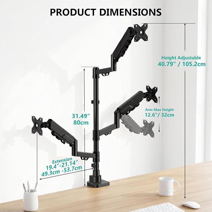 WALI Triple Monitor Mount for up to 49 inch Ultrawides on Top Bracket and 34 inch Screens on Side Brackets, Tall Triple Monitor Stand for Desk, Heavy Duty Monitor Arm up to 33 lbs (GSDM003XLN), Black - Image 5