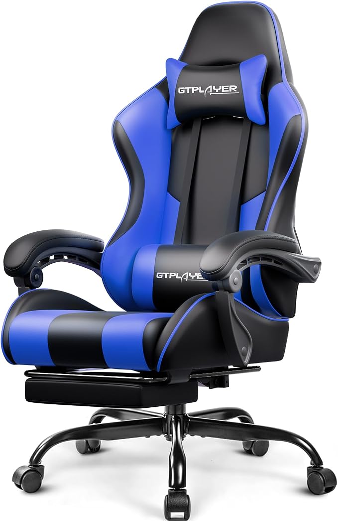 GTPLAYER Gaming Chair, Computer Chair with Footrest and Lumbar Support, Height Adjustable Game Chair with 360°-Swivel Seat and Headrest and for Office or Gaming (Faux Leather, Blue) by GTPLAYER