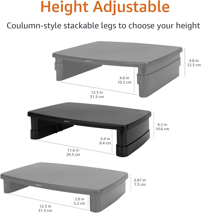 Amazon Basics Height Adjustable Monitor Stand Riser with Storage Organizer, 3-Level Stackable Design, Durable ABS Plastic, Supports up to 22lbs, for Monitors & Laptops, Black - Image 5