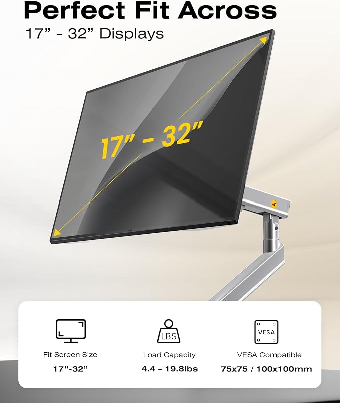NB SmooVex™ Single Computer Monitor Mount, Monitor Stand fits up to 32 Inch, Mechanical Spring Monitor Arm, VESA 75/100 mm, Model-A5 (Silver) - Image 4
