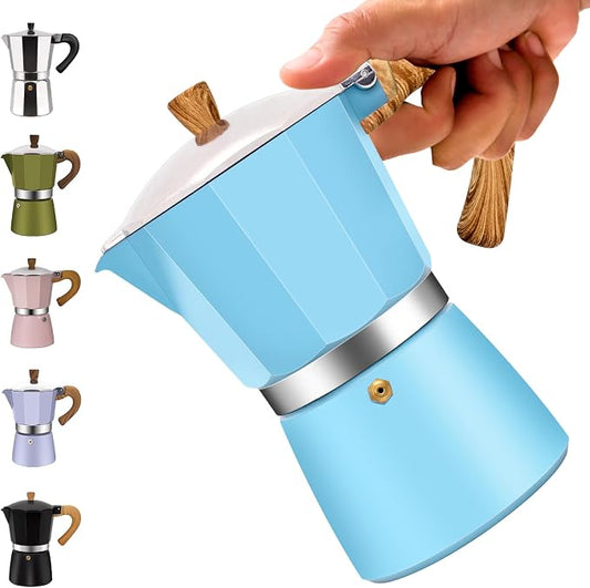 6 Cup Aluminum Moka Pot Classic Stovetop Espresso Coffee Maker 300ml 10oz Coffeemaker Percolator Mocha Pot Greca Coffee Maker Cafe Makers for Italian and Cuban Café Brewing Blue by Vaolvpant