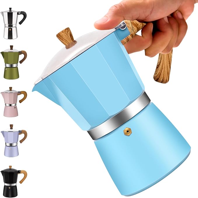 3 Cup Aluminum Moka Pot Classic Stovetop Espresso Coffee Maker 150ml 5oz Coffeemaker Percolator Mocha Pot Greca Coffee Maker Cafe Makers for Italian and Cuban Café Brewing Blue by Vaolvpant