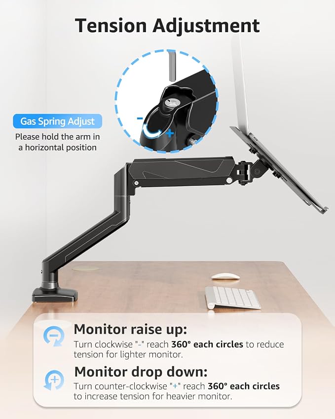 MOUNTUP Laptop Stand for Desk, Adjustable Aluminum Laptops Arm Mount for 14-17 Inch Notebook & 32" Monitor, Laptops Arm for Desk Support for 2.2-19.8lbs, 2-in-1 Laptop Desk Mount with Clamp/Grommet - Image 8