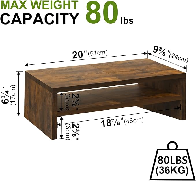 TEAMIX 20 inch Monitor Riser Stand - 2 Tiers, Wood Rustic Desktop Bookshelf | Laptop/PC/Printer/Keyboard Storage, Ergonomic Design, 15mm thick Sturdy Wood Boards, TV Stand, Home Office Desk Accessories - Image 4