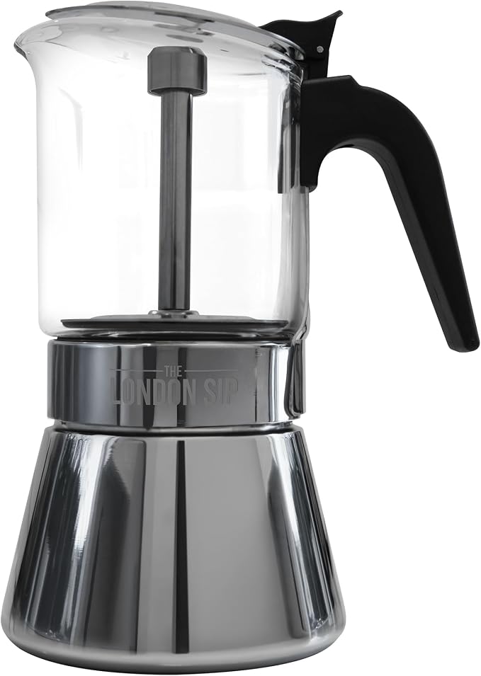The London Sip Glass and Stainless Steel Stovetop Espresso Maker Moka Pot Italian Coffee Percolator, Glass, Small (5.07 oz) by TheLondonSip