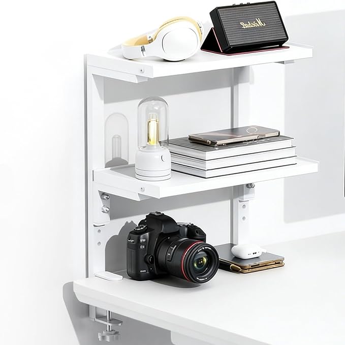 Spacrea Clamp on Desk Shelf, 2 Tier Office Desk Shelves Organizer, Wood Desktop Supplies Storage Rack, Desk Organizers and Accessories (White) by Spacrea