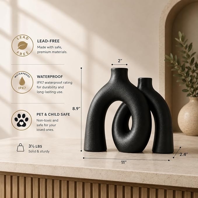 Jas & Jax Matte Black Ceramic Hug Donut Vase Set – Nordic Boho Home Decor, Pampas Grass & Dried Flowers Centerpiece for Living Room, Console Table, Bookshelf or Mantel - Image 3