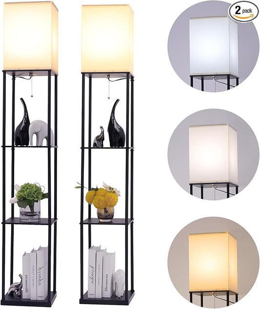 Gupuzm Floor Lamp with Shelves, Modern Square Standing Lamp with 3 Color Temperature Bulb, Corner Display Bookshelf Lamp for Living Room, Bedroom and Office (Black-2 Pack) by GUPUZMproducesandsellslamp