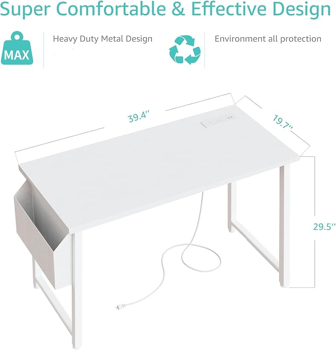 Lufeiya White Computer Desk with Power Outlet, 40 inch Simple Teen Study Table Home Office Work Writing Desks with Charging Station Outlets USB Port Built in, Storage Pocket，White - Image 3