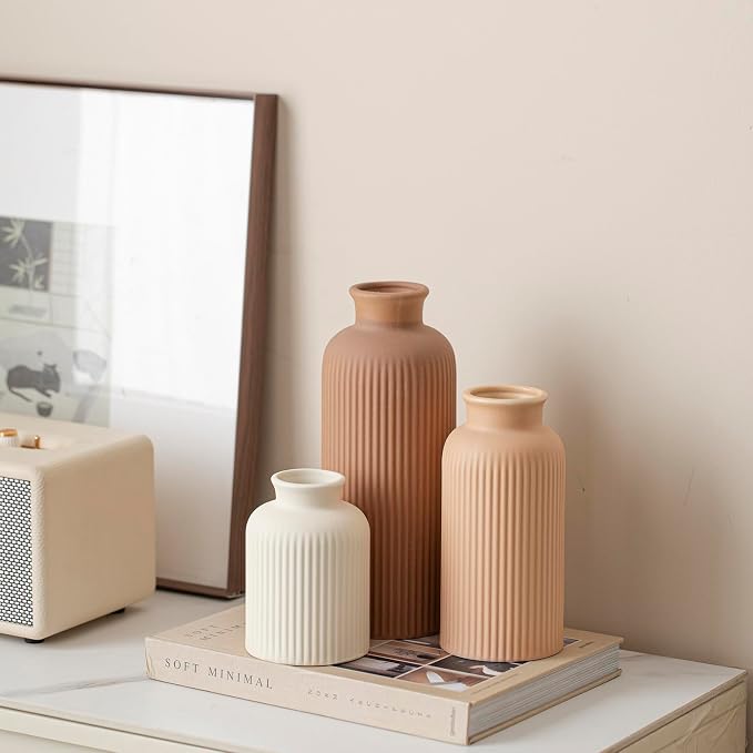Large Modern Ceramic Vase Set, Coffee Ribbed Matte Design, 3-Piece Decorative Vases for Home, Living Room, Office (XL Coffee Mix) - Image 8