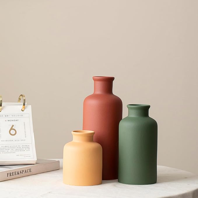 Large Modern Ceramic Vase Set of 3, Neutral Colors, Decorative Bottles for Home, Farmhouse Rustic Decor (XL Green Mix) - Image 9