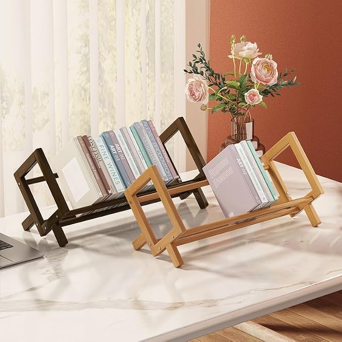 Wood Tilting Bookcase in Living Room/Home/Office, Desktop Book Shelf Organizer Bookshelves Storage Rack for CDs/Magazine/Books Display (Coffee, 19.68"-L) - Image 7