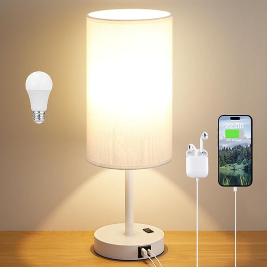 Dicoool 17.4" Bedside Lamp for Bedroom - Dimmable Touch, USB A+C, AC Outlet | LED Bulb Included, 3-Way Dimmable, 17.4" Table Lamp for Living Room, Dorm, White Fabric Lampshade, White Metal Base by DicooolDirect