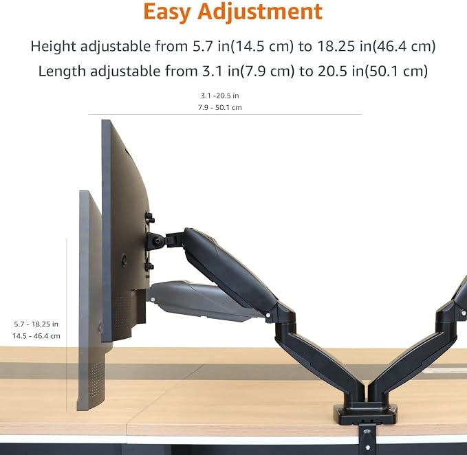 Amazon Basics Gas Spring Dual Monitor Arm Desk Mount, Adjustable Tension, Fits 15–27 Inch Monitors, Supports 4.4–15.4 lbs Each Arm, VESA 75x75/100x100, Black - Image 5