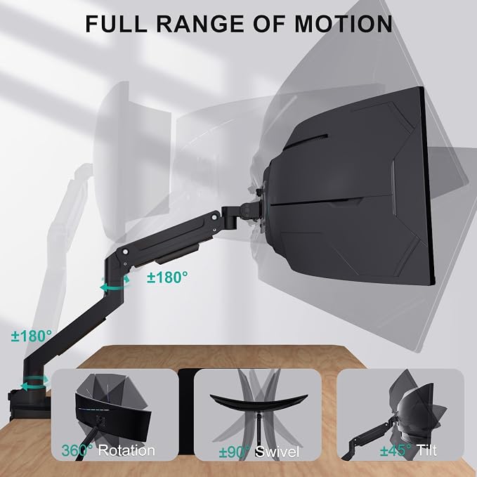 WALI Heavy Duty Single Monitor Arm for 13-49 inch 1000R Curved Screens, up to 44 Lbs, Adjustable Single Monitor Desk Mount with C-Clamp, Grommet Base, 75/100mm VESA Mount (GSM001XL), Black - Image 4