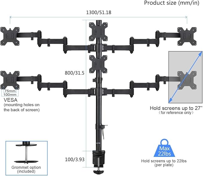 Suptek Hex LED LCD Monitor Stand up Desk Mount Extra Tall 31.5 inch Pole Heavy Duty Fully Adjustable Stand for 6 / Six Screens up to 27 inch (MD68126) - Image 4