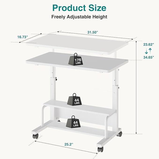 OLIXIS Rolling Desk, Storage Shelves, Laptop Table, Home Office | Height Adjustable Design, Computer Desks on Wheels, Portable for Small Spaces Use, White - Image 3