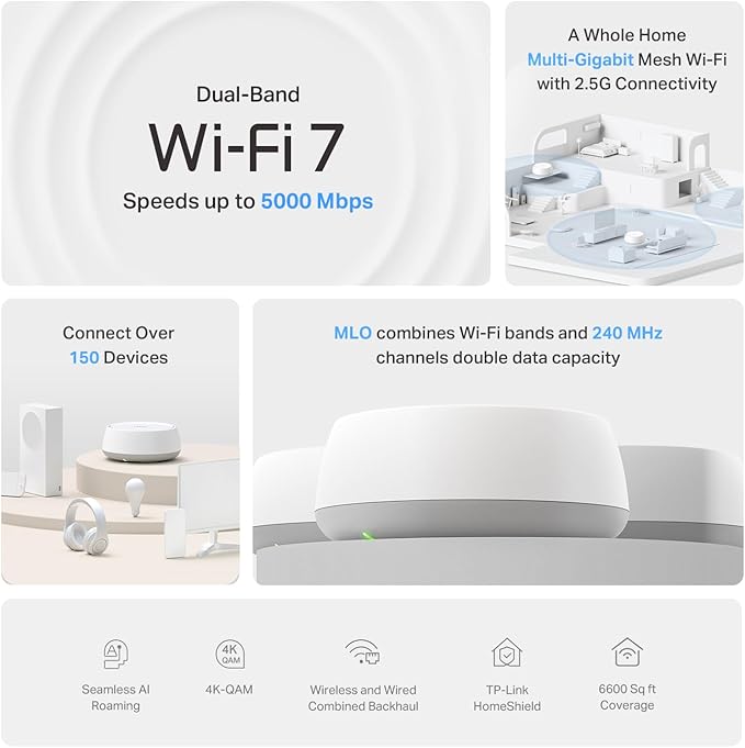 TP-Link Deco 7 BE25 Dual-Band BE5000 WiFi 7 Mesh Wi-Fi System | 4-Stream 5 Gbps, 240 Mhz | Covers up to 6,600 Sq.Ft | 2X 2.5G Ports Wired Backhaul | VPN,MLO, AI-Roaming, HomeShield, 3-Pack - Image 3