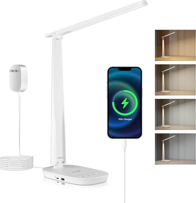 Honeywell HWT-H2 LED Desk Lamp for Home Office, CRI94 Full Spectrum Eye-Caring Light, Dimmable Table Lamp with USB-A & USB-C Charging Ports, Foldable Touch Control Reading Lamp, White by HoneywellAirComfort