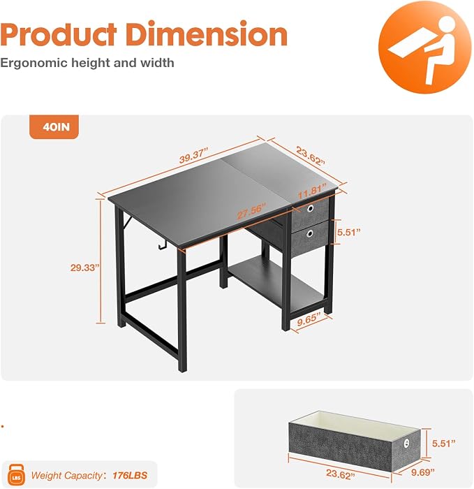 Sweetcrispy 40-Inch Computer Desk with Drawers, Office Desk, Black | Small Desk for Bedroom Home Office with Side Hook, Modern Simple desk with storage for Writing - Image 3