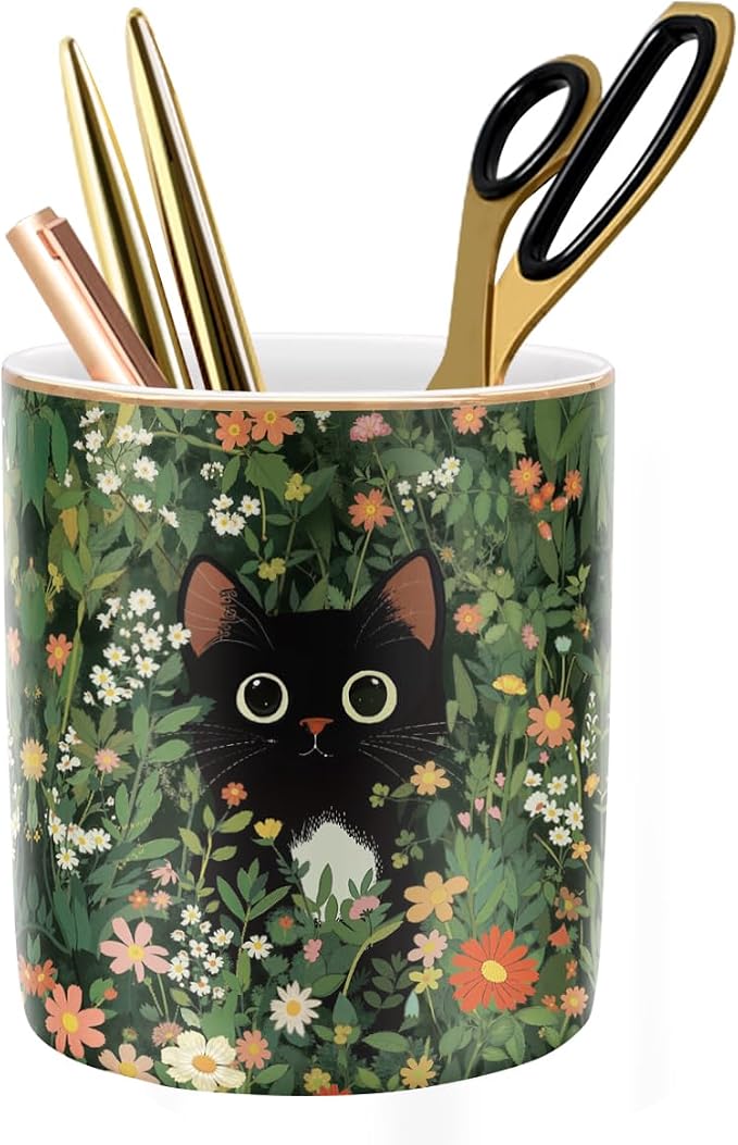 Black Cat Pen Holder for Desk Accessories, Durable Ceramic Pencil Organizer Decor for Room, Office, Classroom, Cat Lover Gifts by WAVEYU