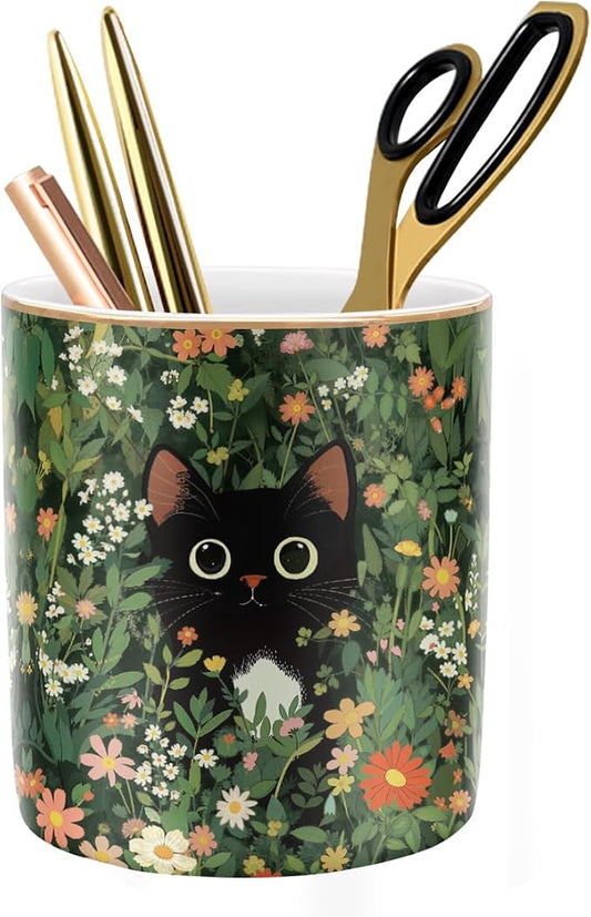 Black Cat Pen Holder for Desk Accessories, Durable Ceramic Pencil Organizer Decor for Room, Office, Classroom, Cat Lover Gifts by WAVEYU