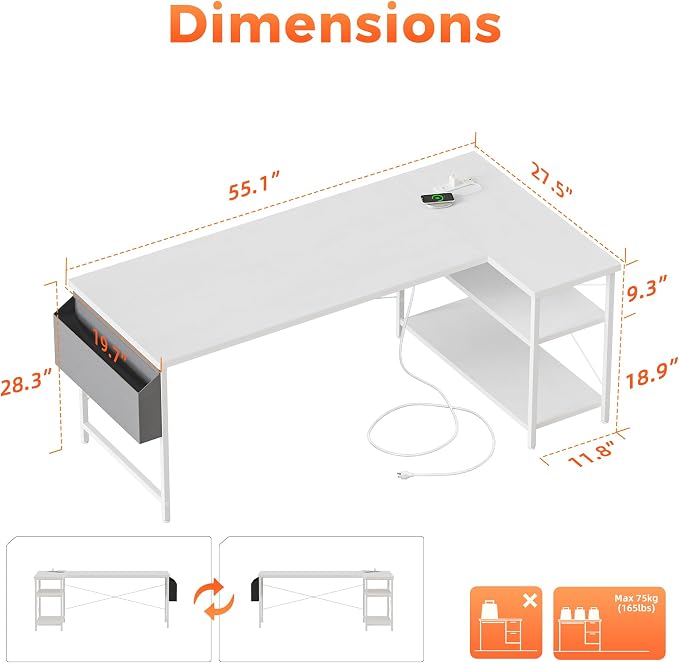 Mericonia 55 inch L Shaped Gaming Desk, Large Corner Desk with Shelves | Reversible Computer Desk with Power Outlets & Storage Bag, Office Table for Home Bedroom Study Work Writing - Image 2
